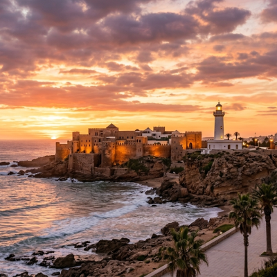 Coucher de soleil sur la Kasbah des Oudayas, le phare et la Tour Hassan à Rabat, Maroc.