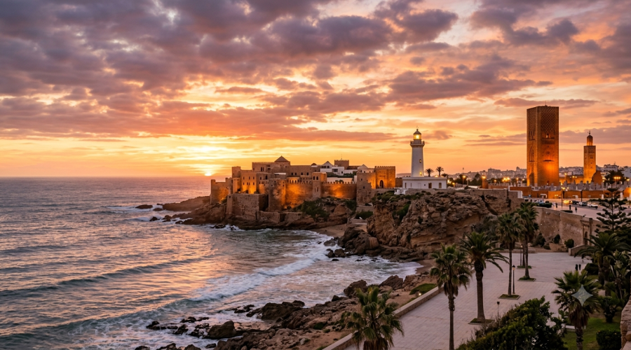 Coucher de soleil sur la Kasbah des Oudayas, le phare et la Tour Hassan à Rabat, Maroc.